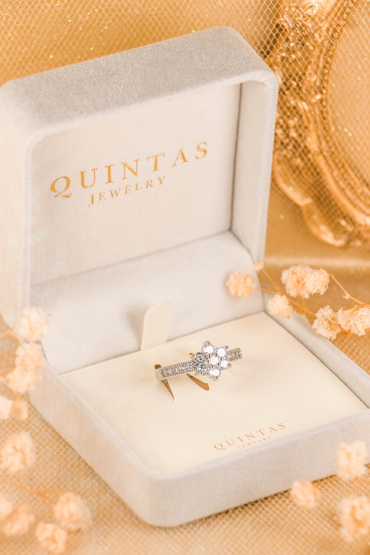 Crystal Flower Silver Ring (Adjustable)