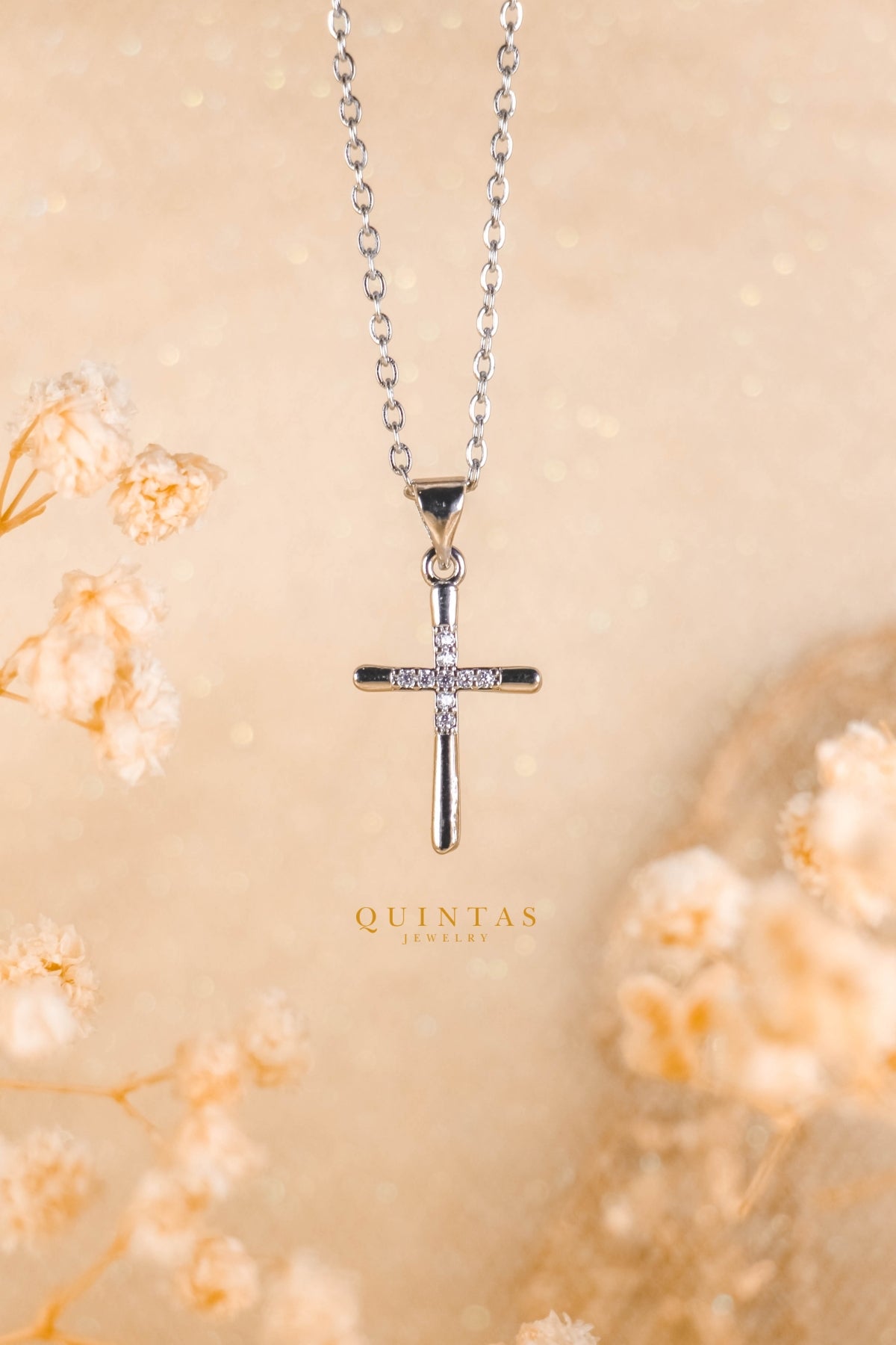 Studded Cross Silver Necklace