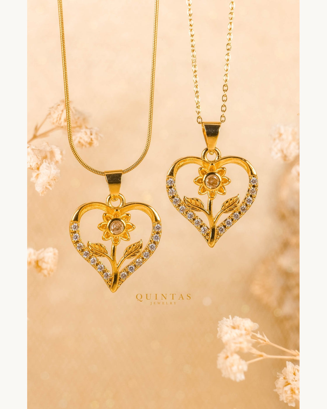 Flower Heart Charm Necklace