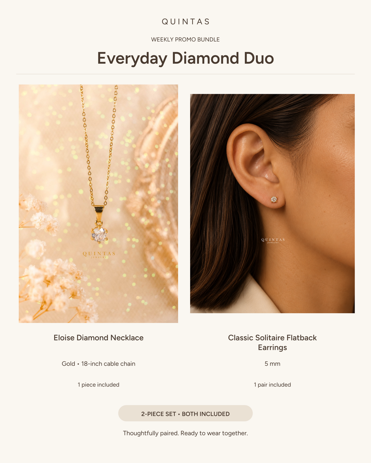 Everyday Diamond Duo — Eloise Diamond Necklace (18-inch Gold Cable) + Classic Solitaire Flatback Earrings (5 mm pair)