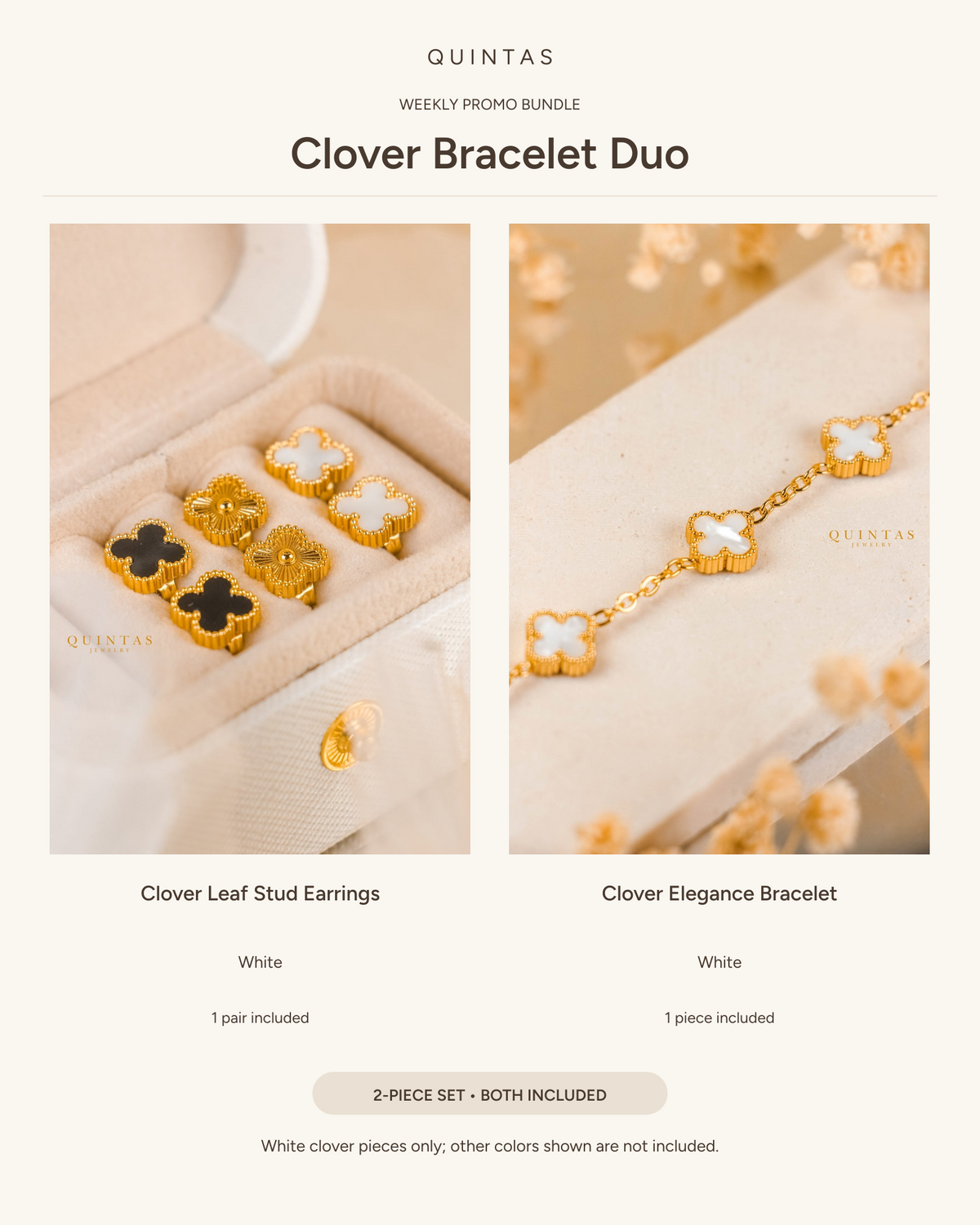 Clover Bracelet Duo — White Clover Leaf Stud Earrings (1 pair) + White Clover Elegance Bracelet