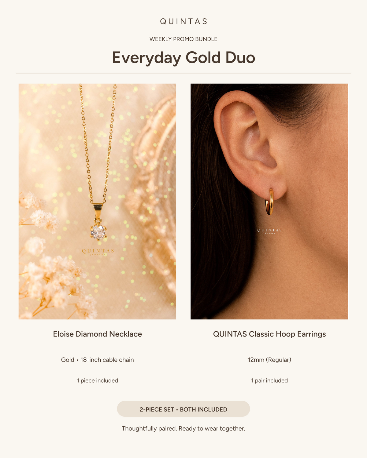 Everyday Gold Duo — Eloise Diamond Necklace (18-inch Gold Cable) + QUINTAS Classic Hoop Earrings (12 mm pair)