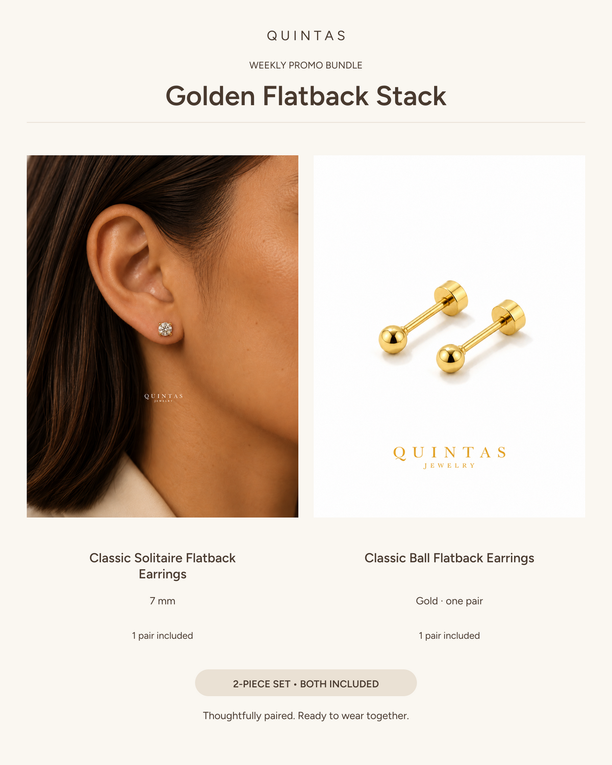Golden Flatback Stack — Classic Solitaire Flatback Earrings (7 mm pair) + Classic Ball Flatback Earrings (Gold pair)
