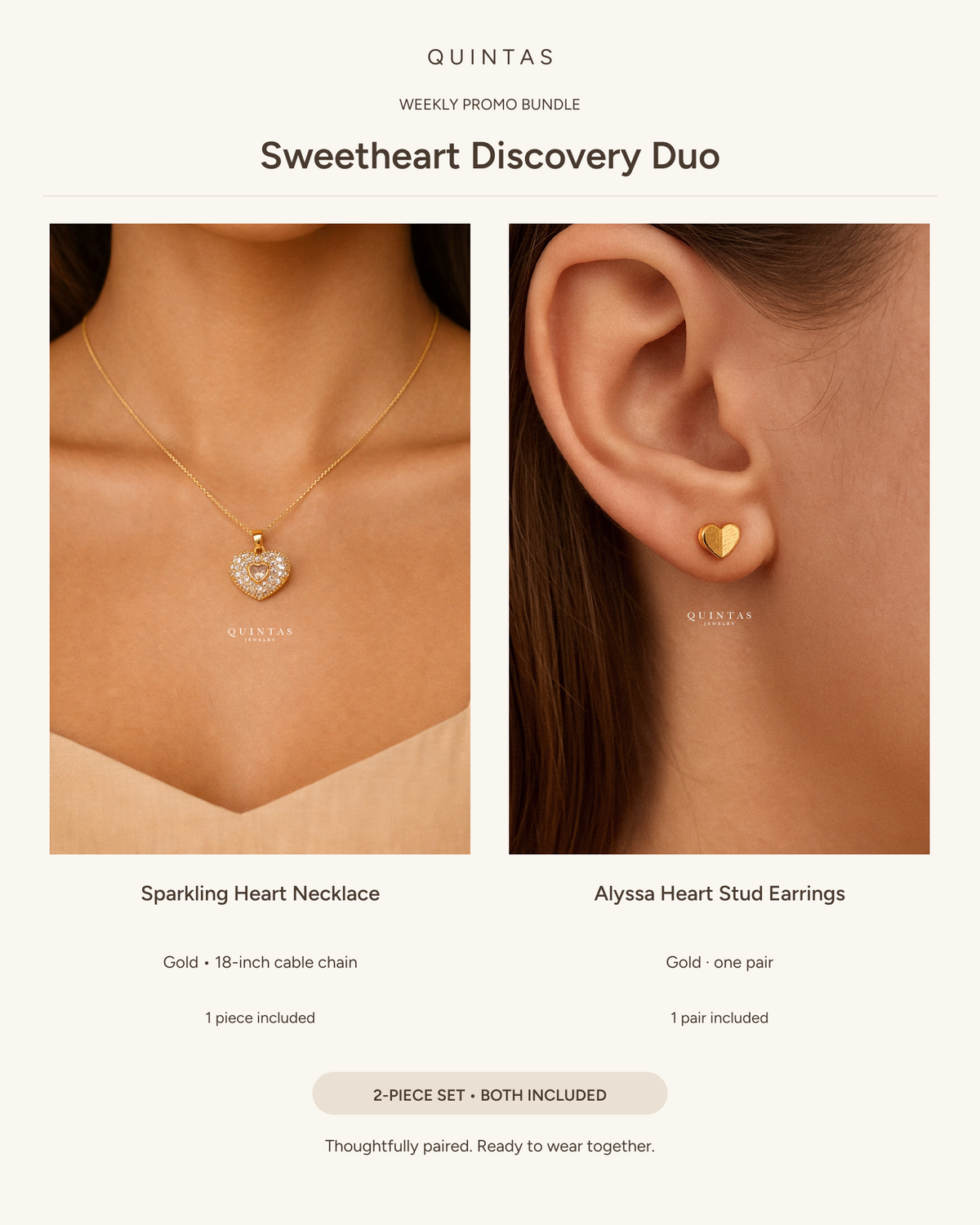 Sweetheart Discovery Duo — Sparkling Heart Necklace (18-inch Gold Cable) + Alyssa Heart Stud Earrings (Gold pair)