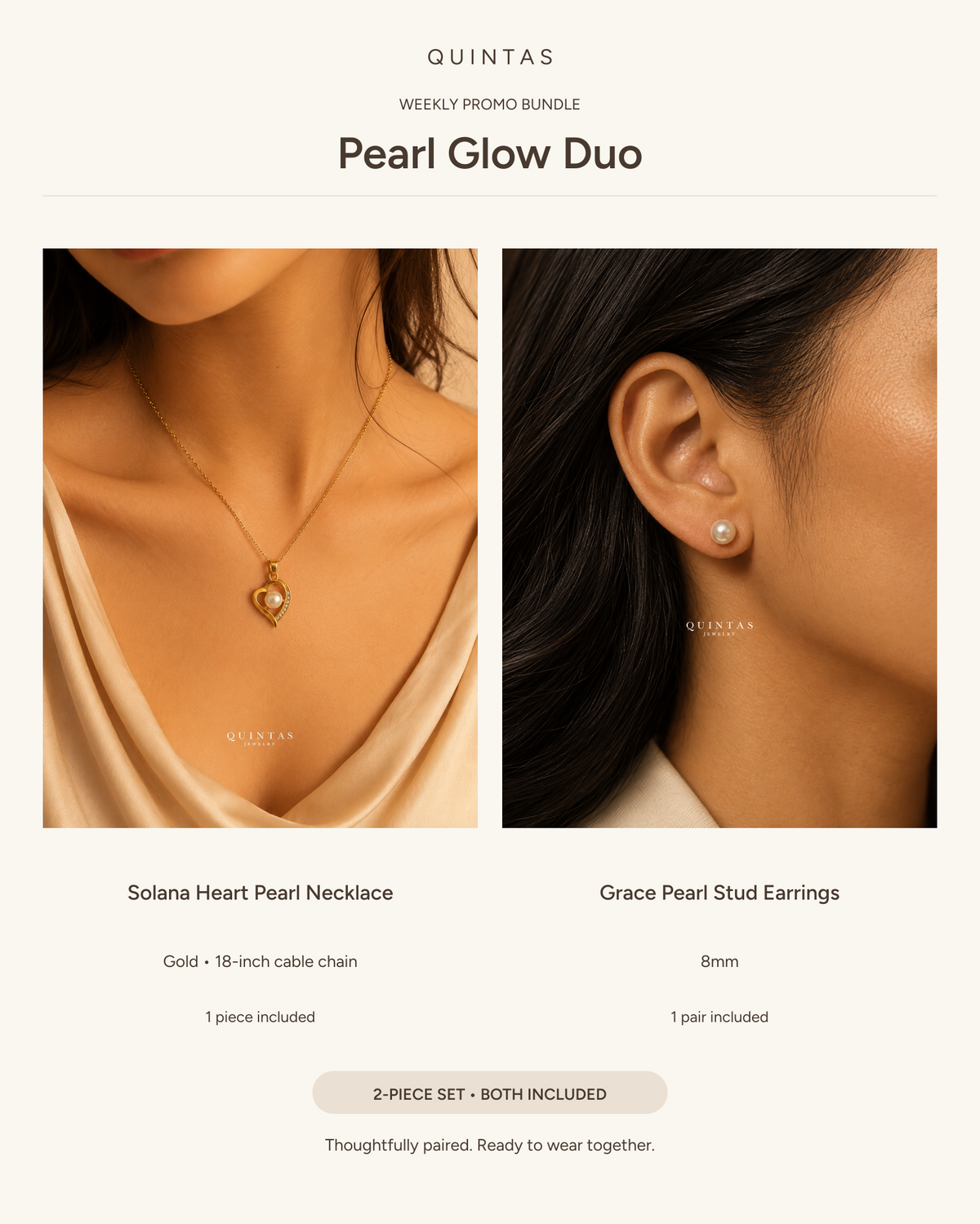 Pearl Glow Duo — Solana Heart Pearl Necklace (18-inch Gold Cable) + Grace Pearl Stud Earrings (8 mm pair)