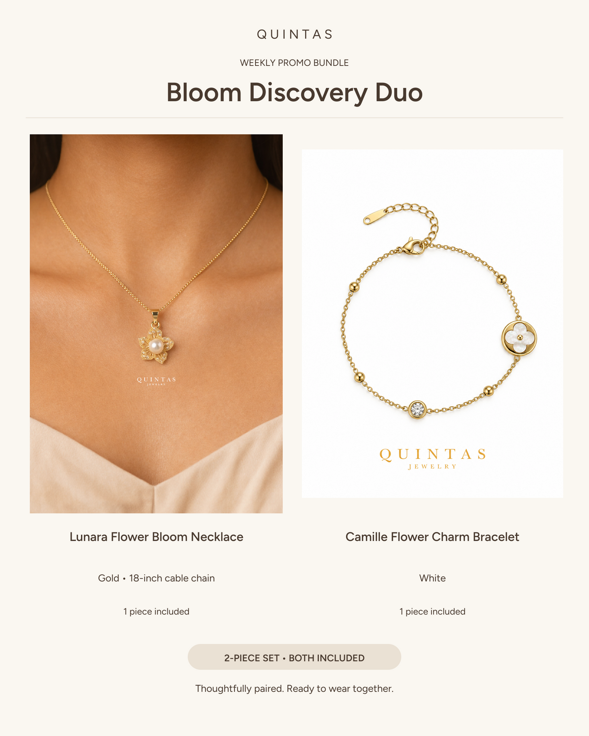 Bloom Discovery Duo — Lunara Flower Bloom Necklace (18-inch Gold Cable) + Camille Flower Charm Bracelet (White)