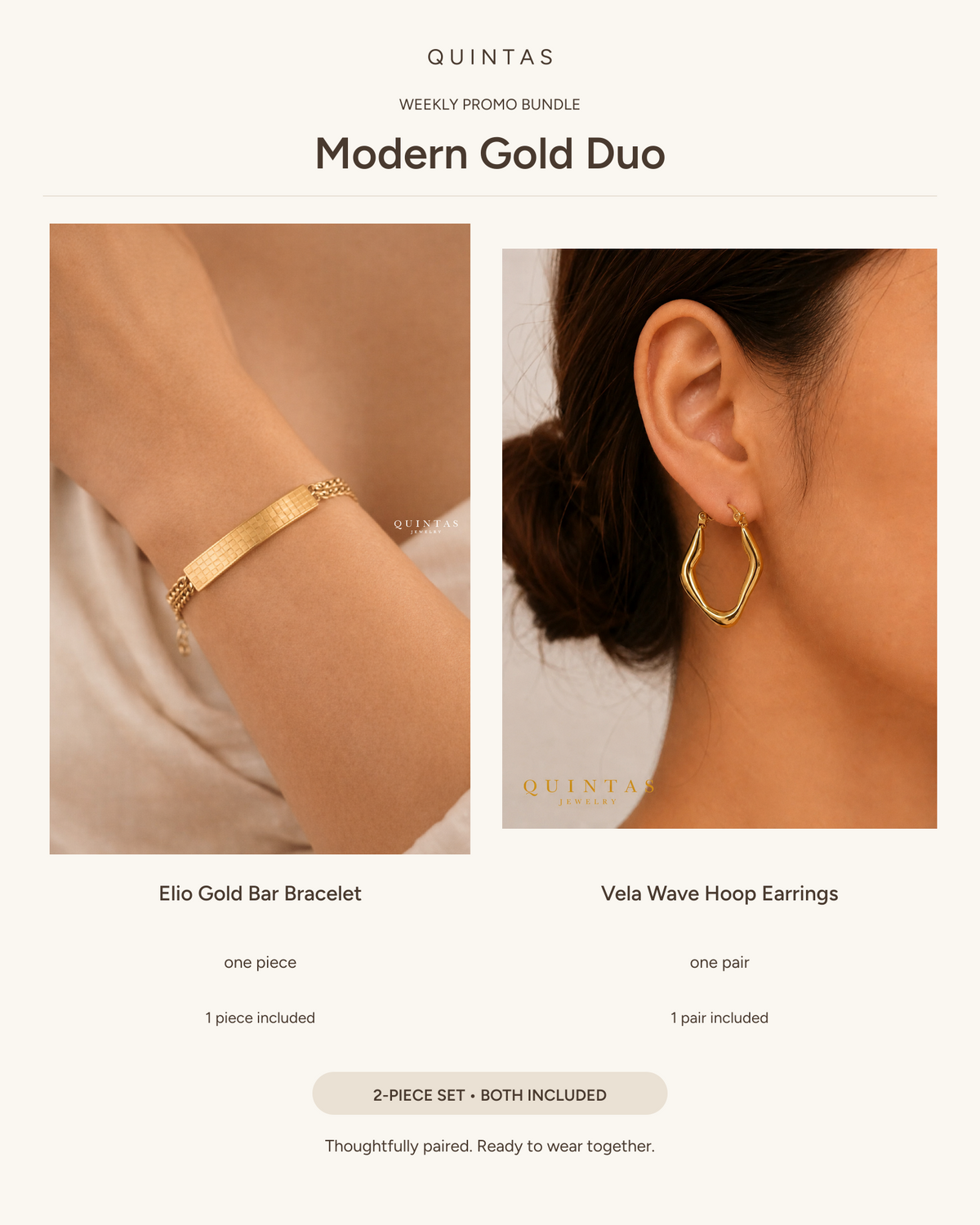 Modern Gold Duo — Elio Gold Bar Bracelet + Vela Wave Hoop Earrings (pair)