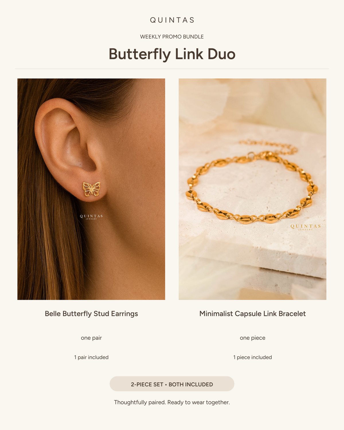 Butterfly Link Duo — Belle Butterfly Stud Earrings (pair) + Minimalist Capsule Link Bracelet