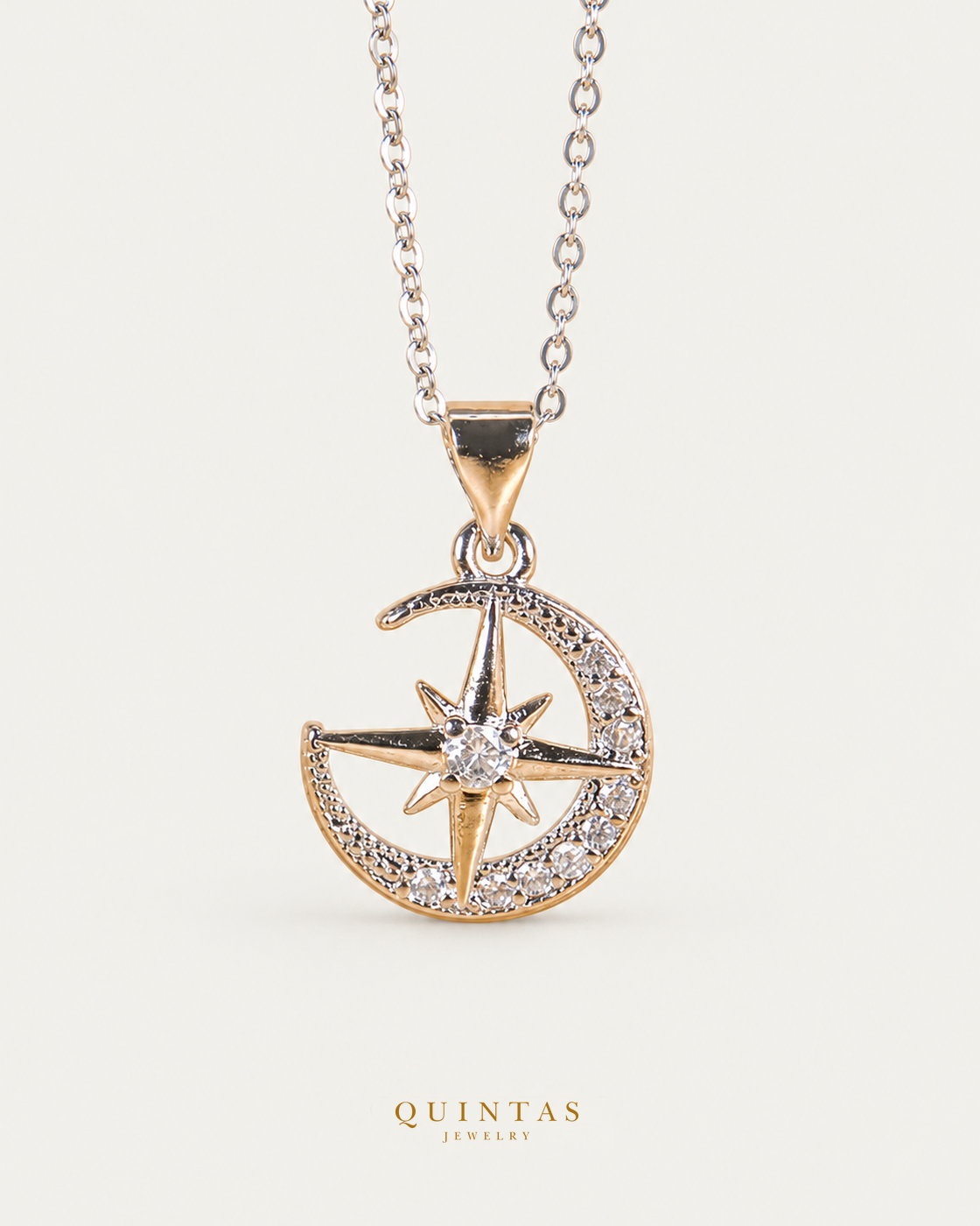 Moonlight Star Silver Necklace — exact source-supported main framing and jewelry unchanged, authentic canonical logo