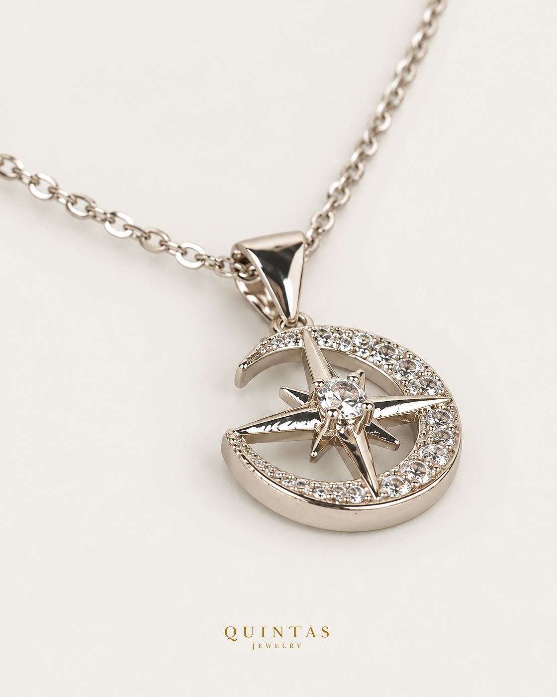 Moonlight Star Silver Necklace — exact source-supported second framing and jewelry unchanged, authentic canonical logo