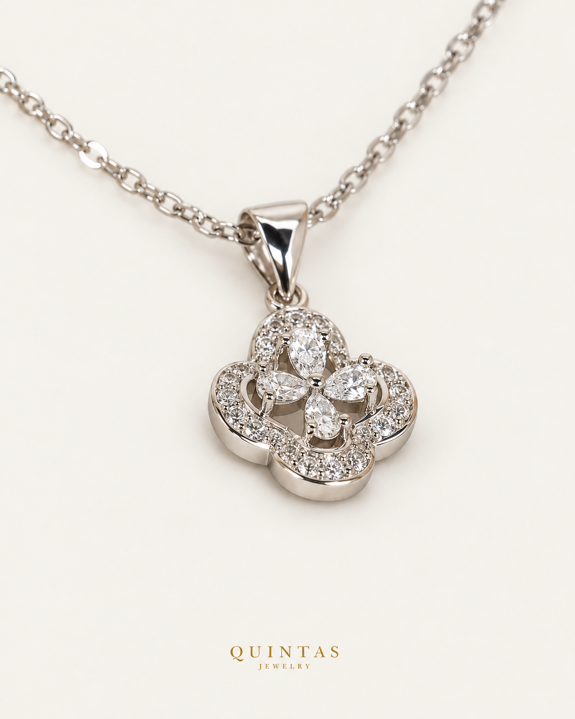 Frosted Clover Silver Necklace — companion view, canonical brand mark