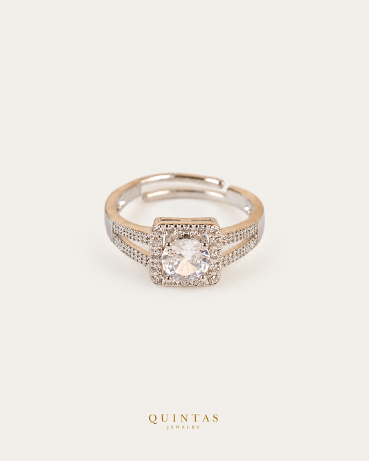 Anastacia Diamond Silver Ring (Adjustable) — authentic gold QUINTAS JEWELRY logo, standalone lying main, smaller centered framing