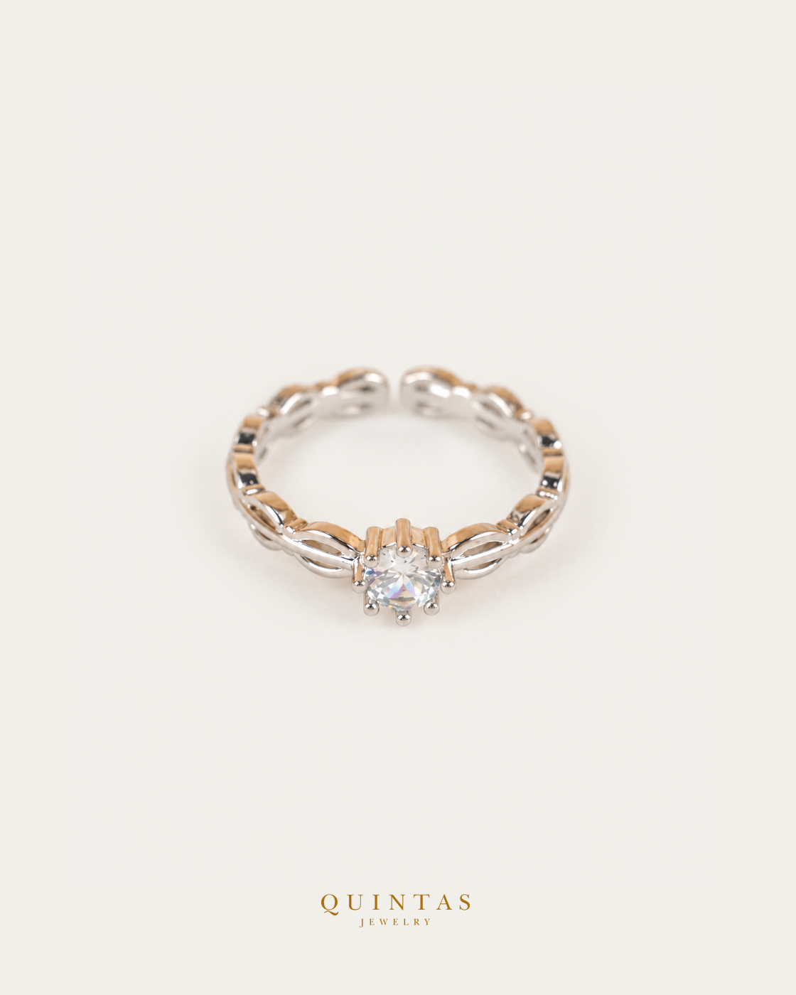 Camila Diamond Silver Ring (Adjustable) — authentic gold QUINTAS JEWELRY logo, standalone lying main, smaller centered framing