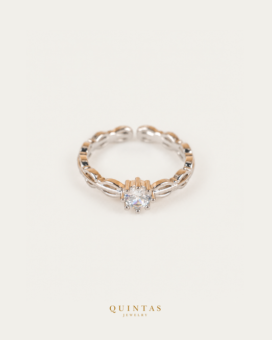 Camila Diamond Silver Ring (Adjustable) — authentic gold QUINTAS JEWELRY logo, standalone lying main, smaller centered framing