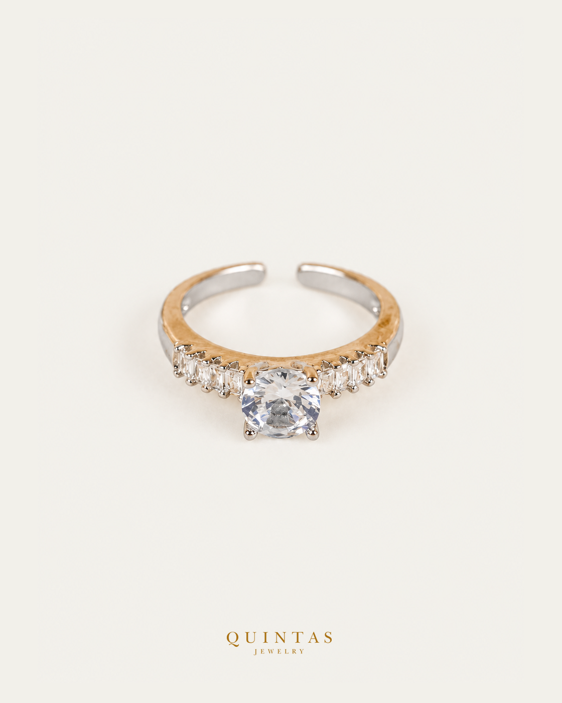 Daphne Diamond Silver Ring (Adjustable) — authentic gold QUINTAS JEWELRY logo, standalone lying main, smaller centered framing