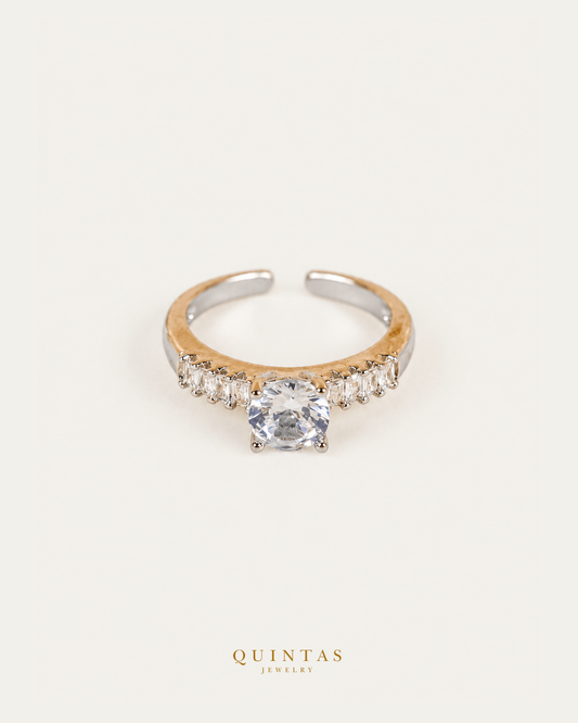Daphne Diamond Silver Ring (Adjustable) — authentic gold QUINTAS JEWELRY logo, standalone lying main, smaller centered framing