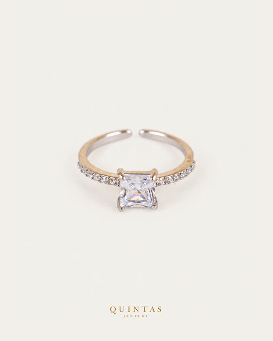Jasmine Square Diamond Silver Ring (Adjustable) — authentic gold QUINTAS JEWELRY logo, standalone lying main, smaller centered framing