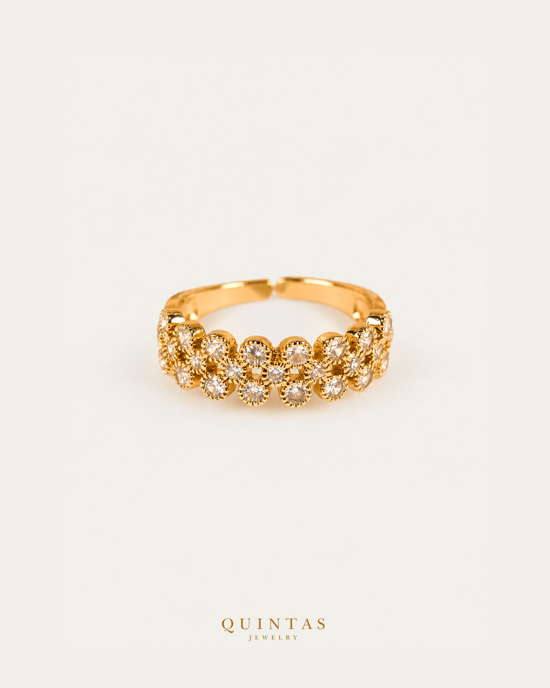Marielle Blossom Ring (Adjustable) — authentic gold QUINTAS JEWELRY logo, standalone lying main, smaller centered framing
