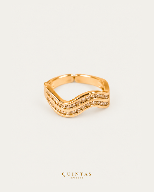 Solina Wave Ring (Adjustable) — authentic gold QUINTAS JEWELRY logo, standalone lying main, smaller centered framing
