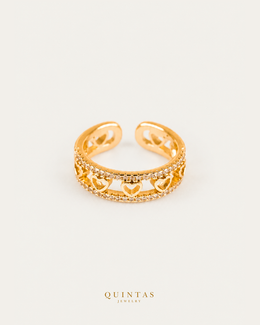 Valeria Heart Band Ring (Adjustable) — authentic gold QUINTAS JEWELRY logo, standalone lying main, smaller centered framing