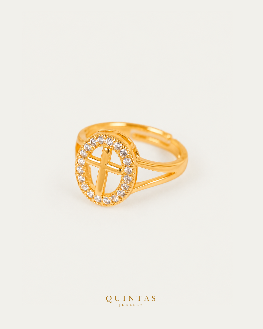 Divine Cross Ring (Adjustable) — authentic gold QUINTAS JEWELRY logo, standalone lying main, smaller centered framing