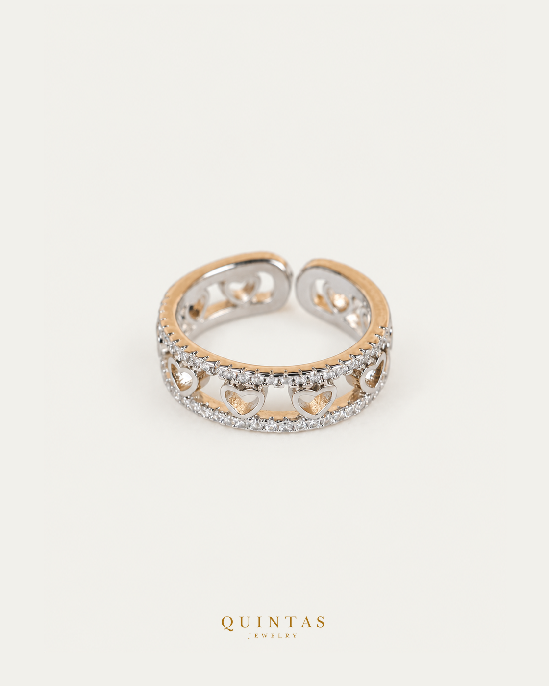 Valeria Silver Heart Ring (Adjustable) — authentic gold QUINTAS JEWELRY logo, standalone lying main, smaller centered framing