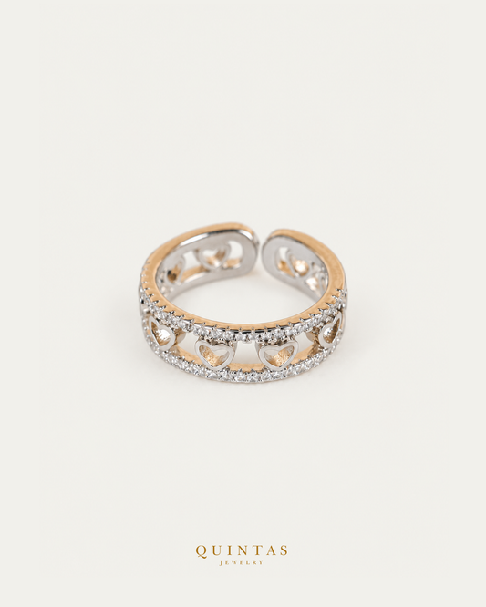 Valeria Silver Heart Ring (Adjustable) — authentic gold QUINTAS JEWELRY logo, standalone lying main, smaller centered framing