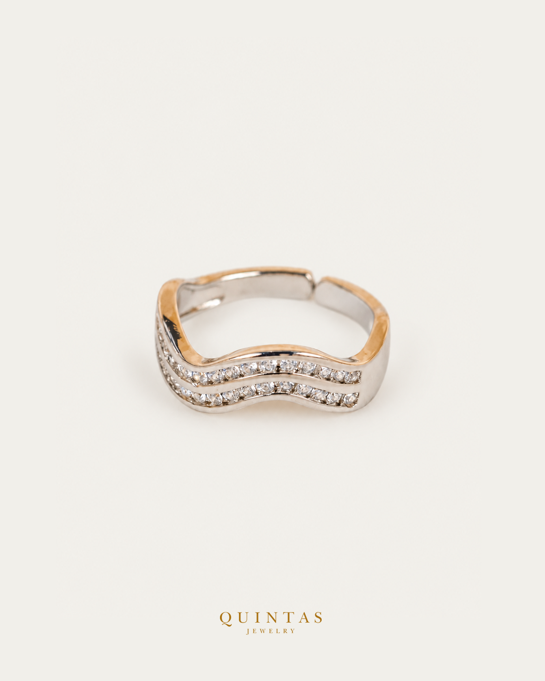 Solina Wave Silver Ring (Adjustable) — authentic gold QUINTAS JEWELRY logo, standalone lying main, smaller centered framing