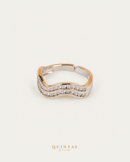 Solina Wave Silver Ring (Adjustable) — authentic gold QUINTAS JEWELRY logo, standalone lying main, smaller centered framing