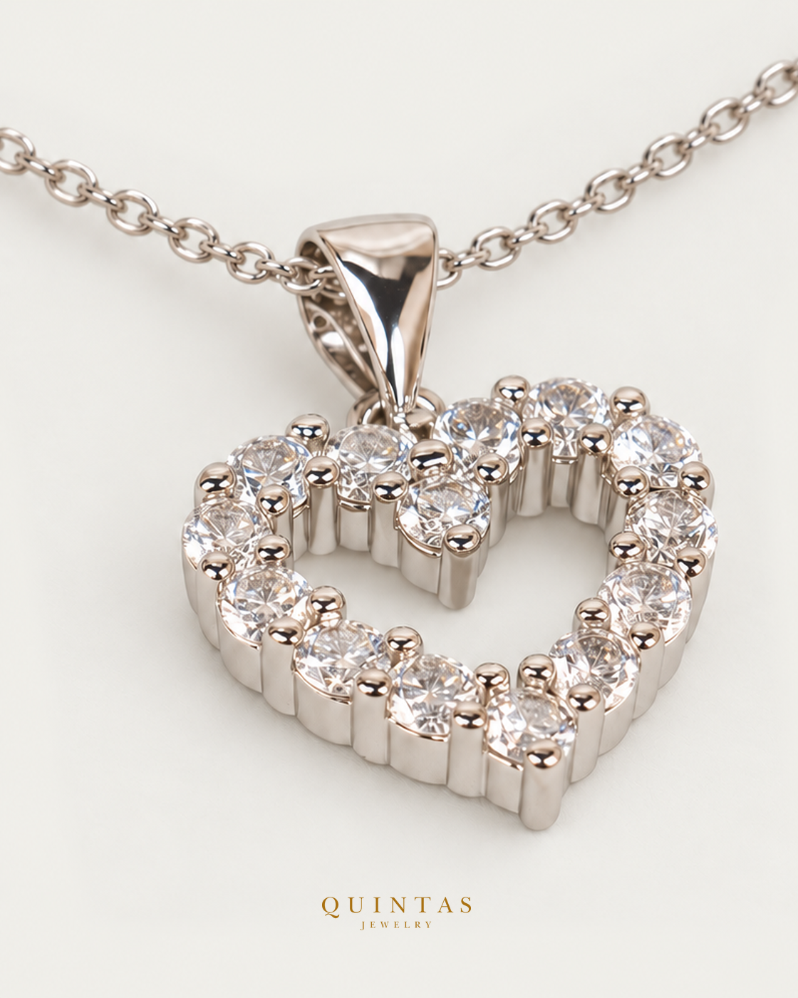 Iced Heart Silver Necklace — exact source-supported second framing and jewelry unchanged, authentic canonical logo