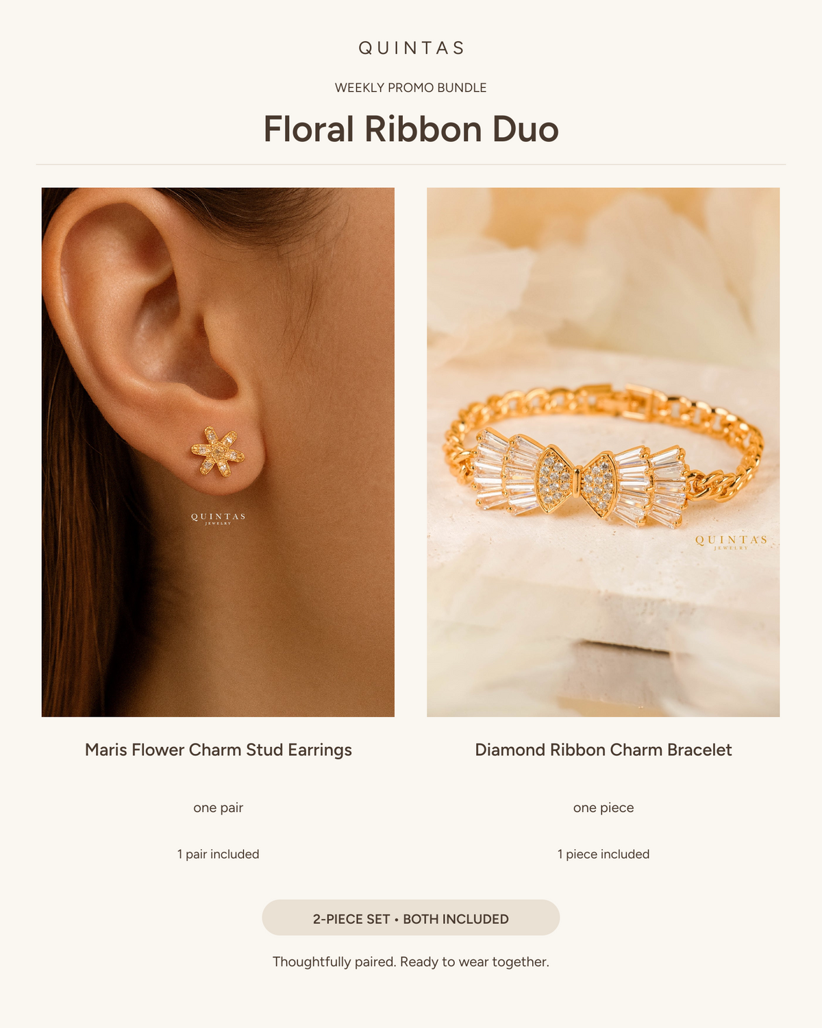 Floral Ribbon Duo — Maris Flower Charm Stud Earrings (pair) + Diamond Ribbon Charm Bracelet