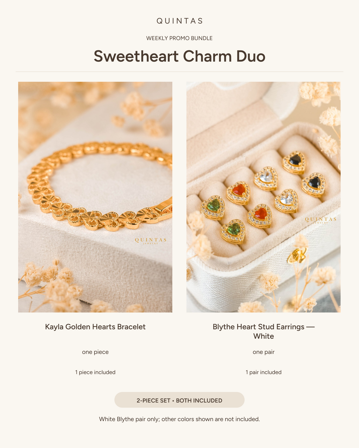 Sweetheart Charm Duo — Kayla Golden Hearts Bracelet + Blythe Heart Stud Earrings (White pair)
