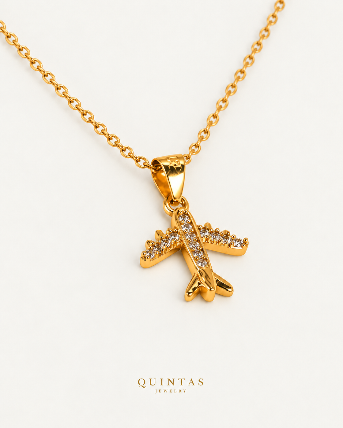Wanderlust Airplane Necklace — cable chain companion, authentic canonical gold logo; original jewelry unchanged