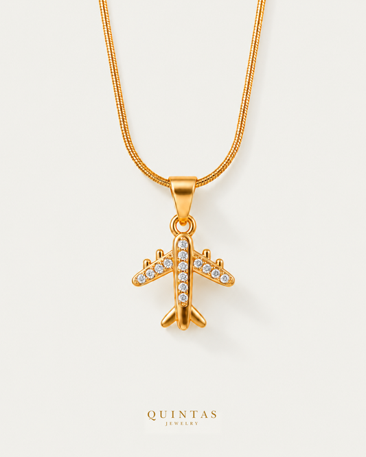 Wanderlust Airplane Necklace — snake chain hero, authentic canonical gold logo; original jewelry unchanged