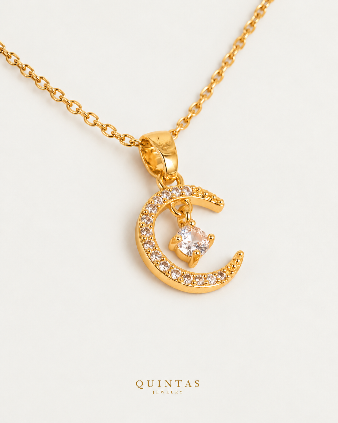 Diamond Moonstone Necklace — cable chain companion, authentic canonical gold logo; original jewelry unchanged