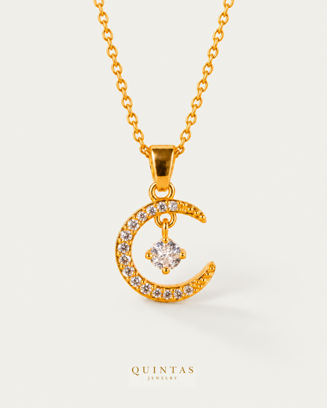 Diamond Moonstone Necklace — cable chain hero, authentic canonical gold logo; original jewelry unchanged