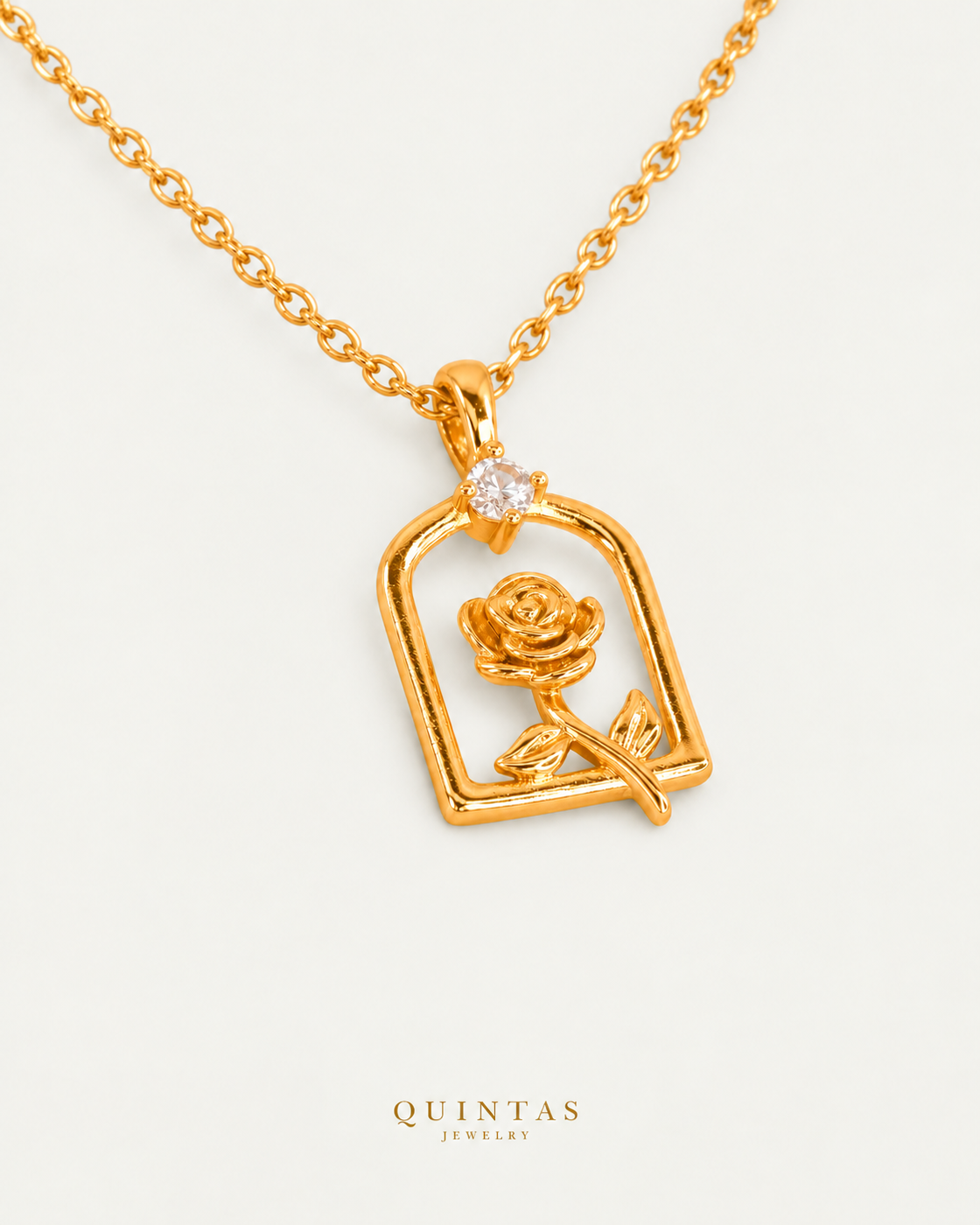 Belle's Diamond Rose Necklace — cable chain companion, authentic canonical gold logo; original jewelry unchanged