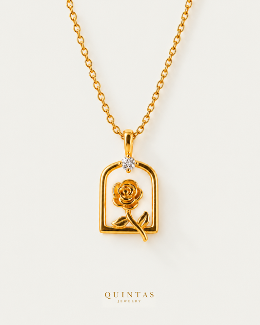 Belle's Diamond Rose Necklace — cable chain hero, authentic canonical gold logo; original jewelry unchanged