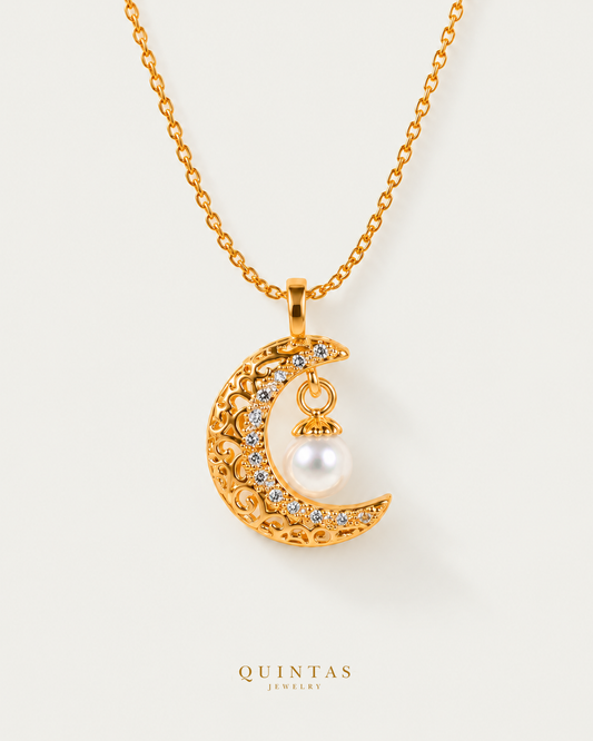 Helena Moon and Pearl Necklace — source-verified main, exact current framing retained, authentic canonical gold logo; jewelry pixels unchanged