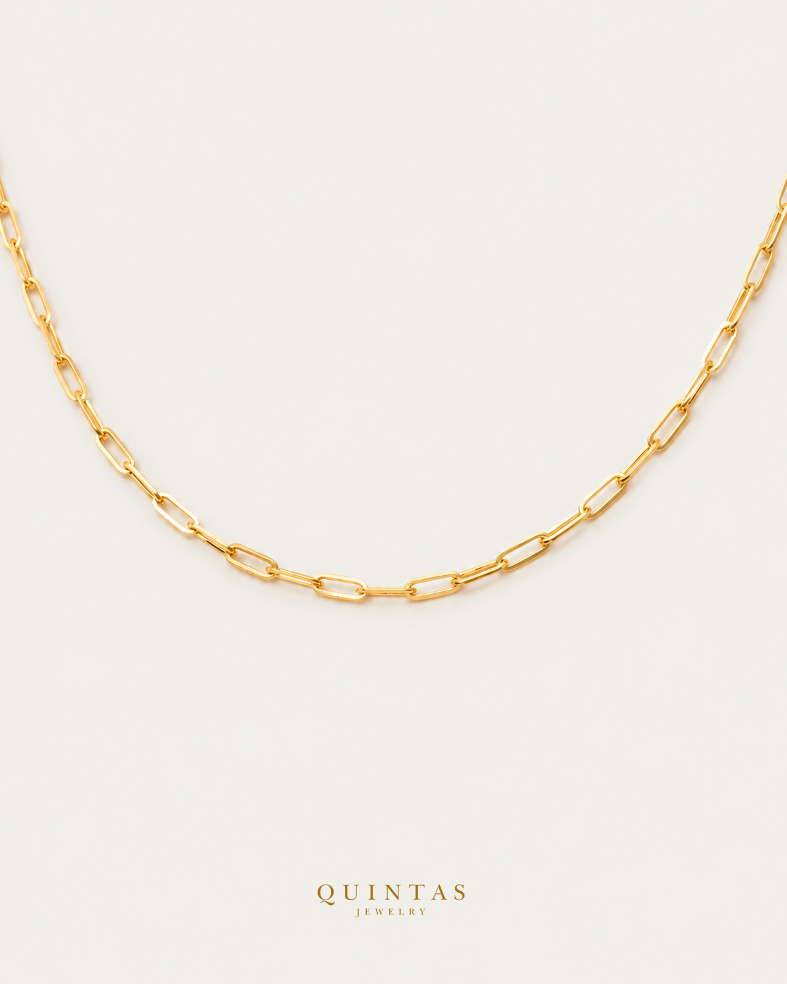 QUINTAS™ Paperclip Chain Necklace — exact source-supported second framing and jewelry unchanged, authentic canonical logo