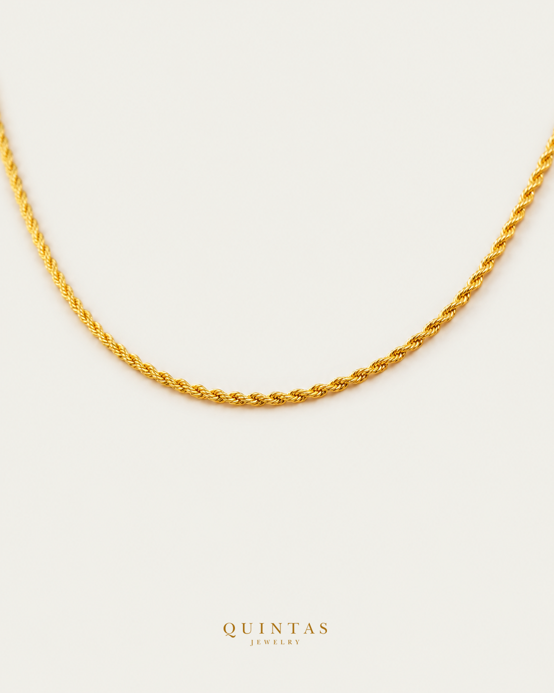 QUINTAS™ Rope Chain Necklace — exact source-supported second framing and jewelry unchanged, authentic canonical logo
