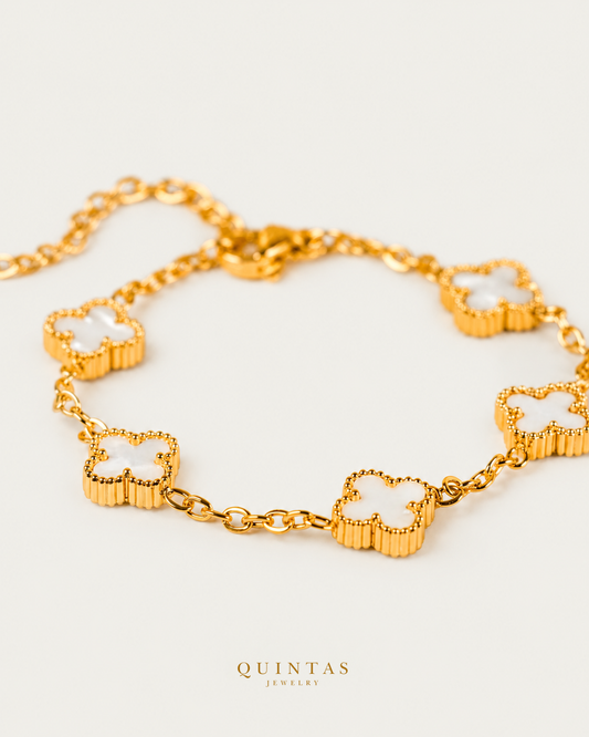 Clover Elegance Bracelet — WHITE physical-source main, original edge crop retained, canonical logo