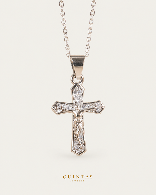Christian Silver Cross Necklace — exact source-supported main framing and jewelry unchanged, authentic canonical logo