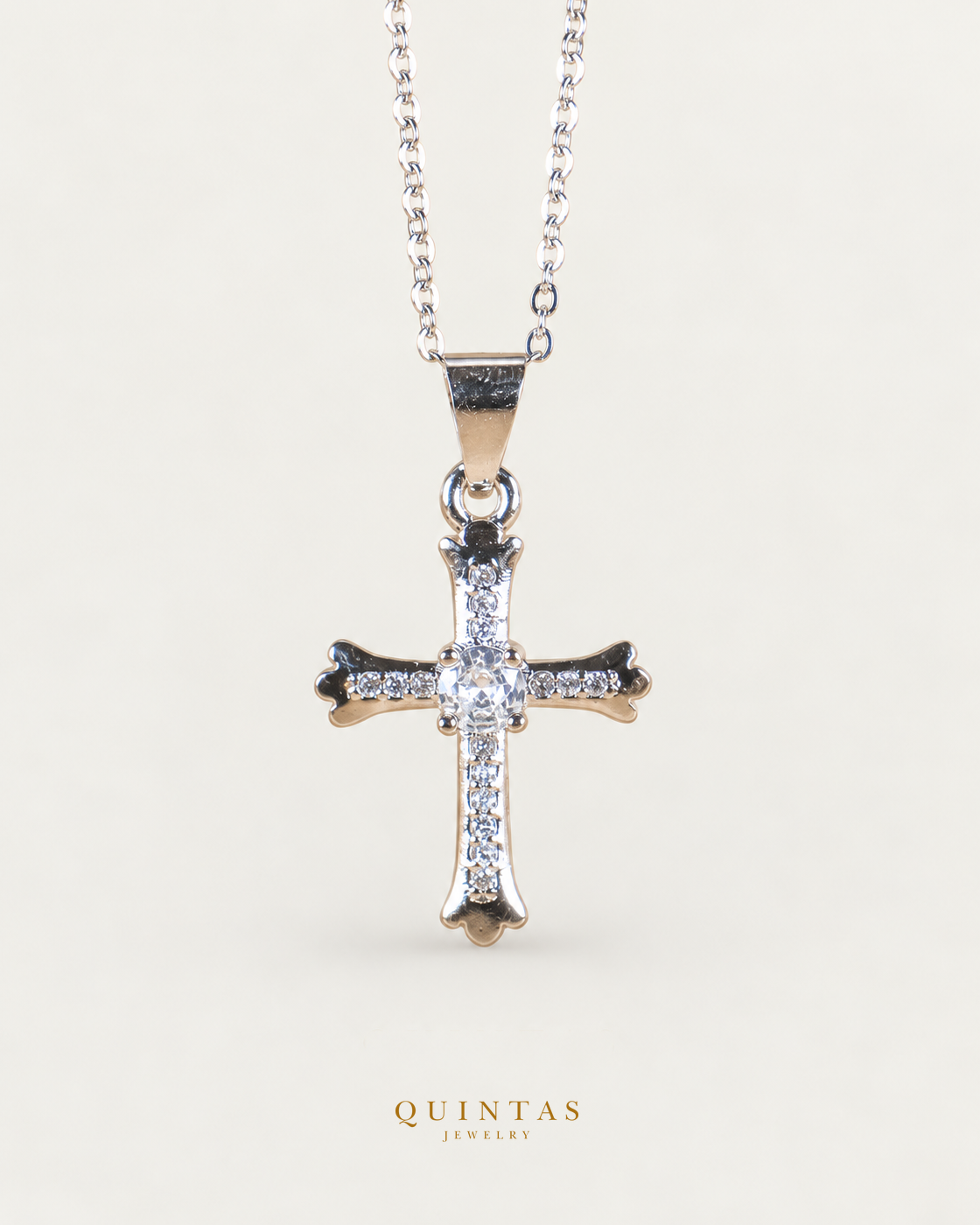 Faith Cross Diamond Silver Necklace — exact source-supported main framing and jewelry unchanged, authentic canonical logo