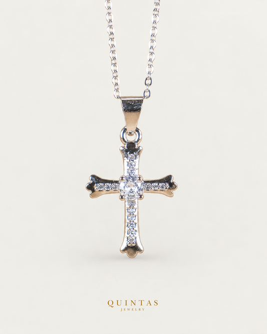 Faith Cross Diamond Silver Necklace — exact source-supported main framing and jewelry unchanged, authentic canonical logo