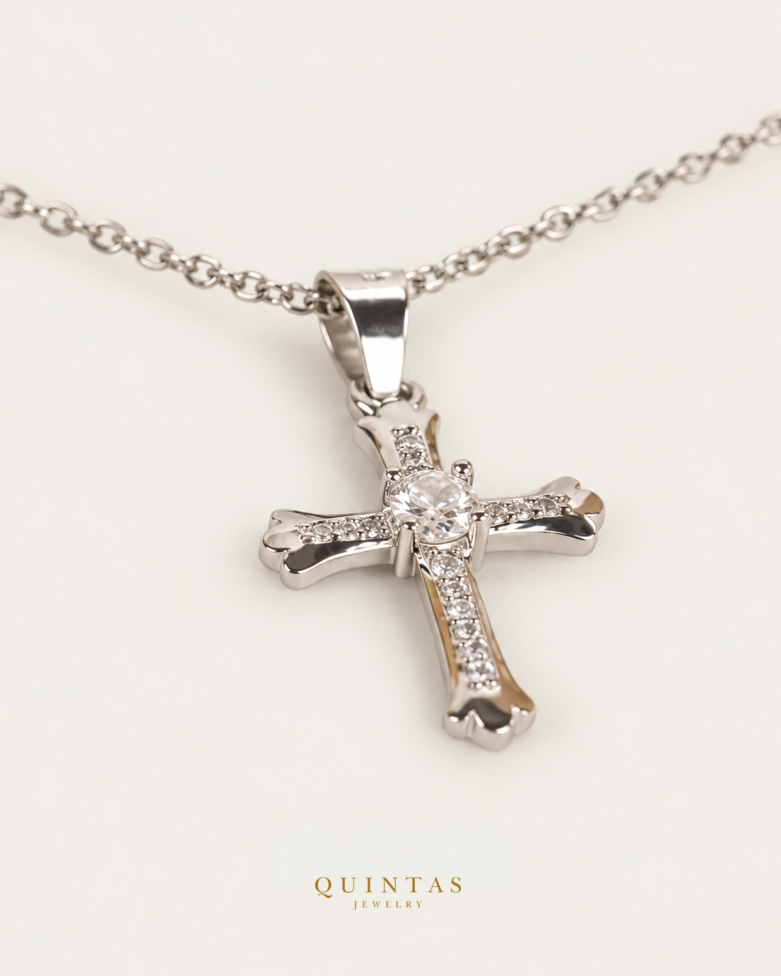 Faith Cross Diamond Silver Necklace — exact source-supported second framing and jewelry unchanged, authentic canonical logo