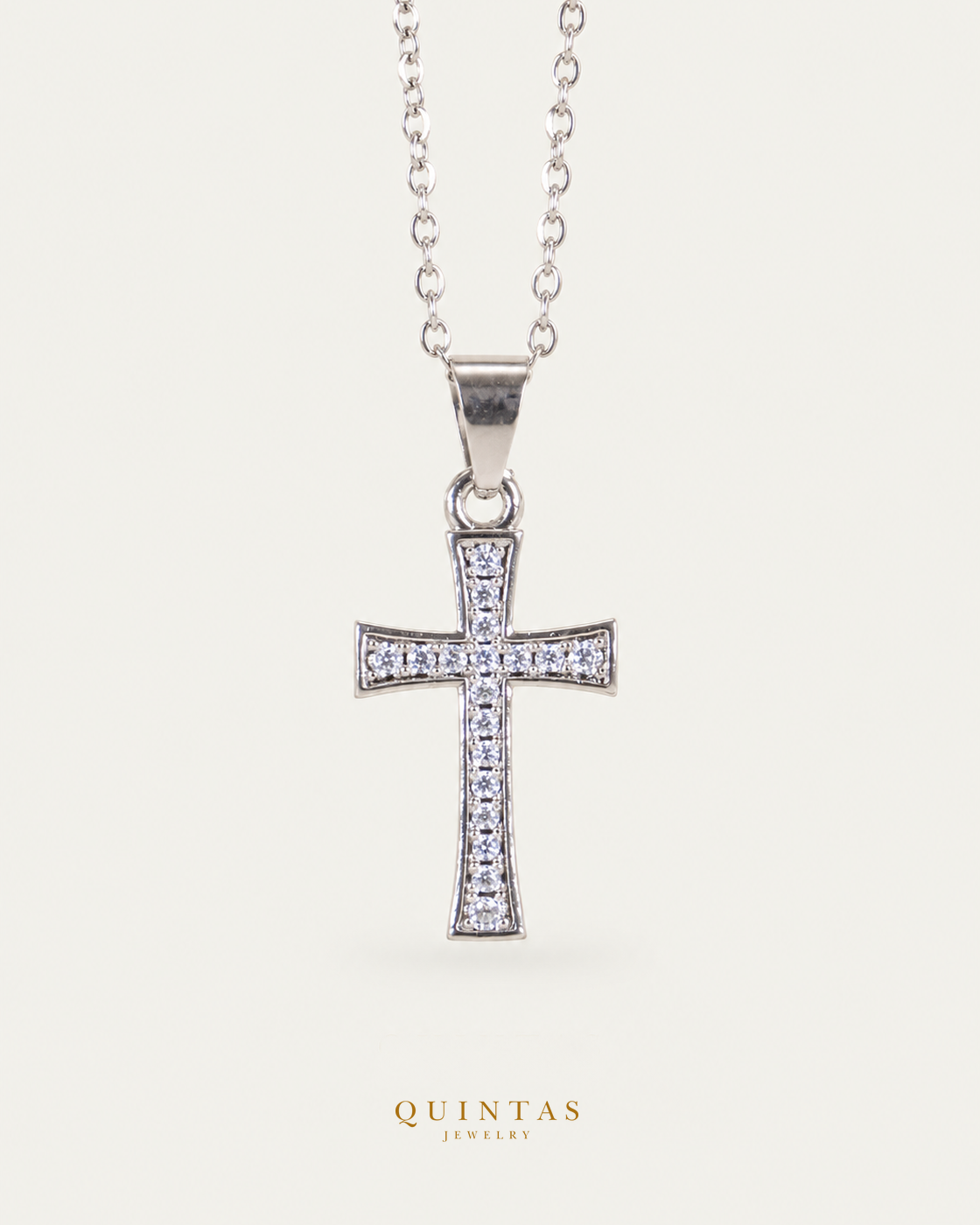 Lucent Cross Silver Necklace — exact source-supported main framing and jewelry unchanged, authentic canonical logo