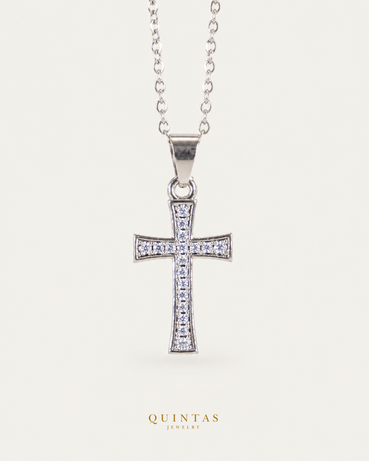 Lucent Cross Silver Necklace — exact source-supported main framing and jewelry unchanged, authentic canonical logo