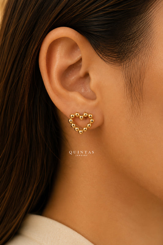 Golden Beaded Heart Stud Earrings