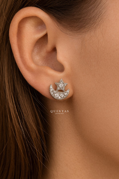 Astrid Moon and Star Silver Stud Earrings